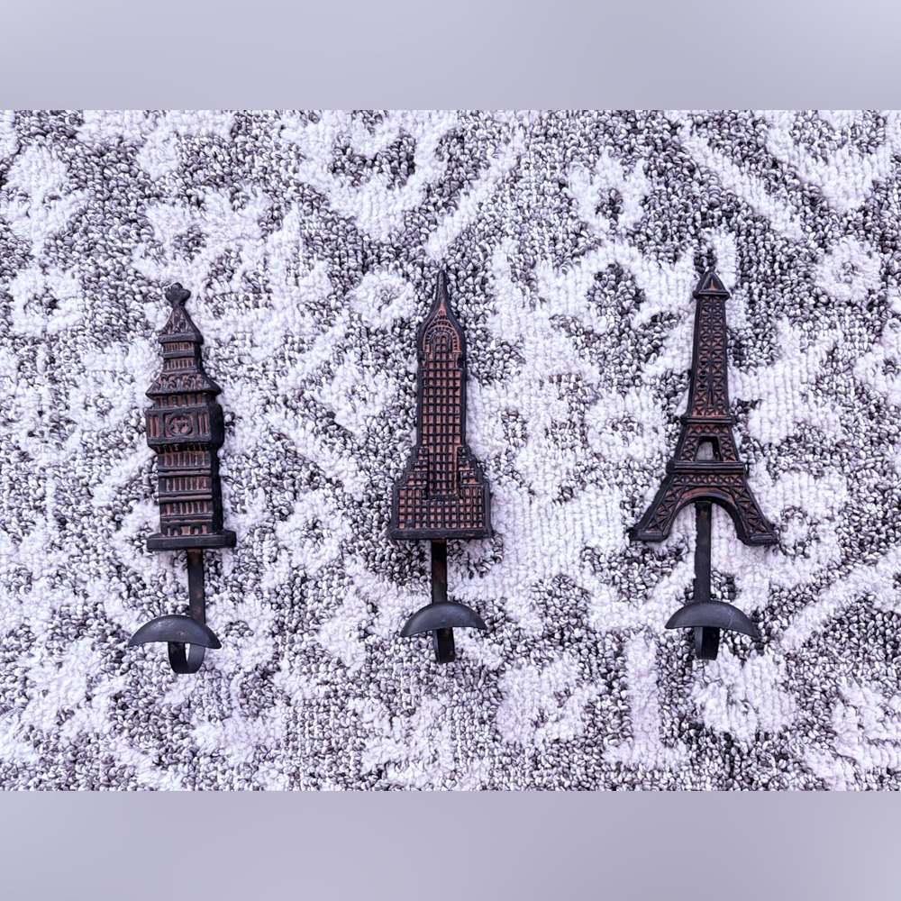 Vintage Landmark Hook Set - Iron? Eiffel Tower, Big Ben, and Empire State Bldg